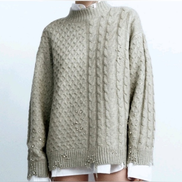 ZARA HIGH NECK RIPPED CABLE KNIT SWEATER WITH STUDDED RHINESTONES MEDIUM - Picture 1 of 12